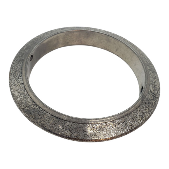 Engraved Etched Floral Silver Plated Bangle Bracelet Wide Domed Fancy Chunky - Picture 10 of 10